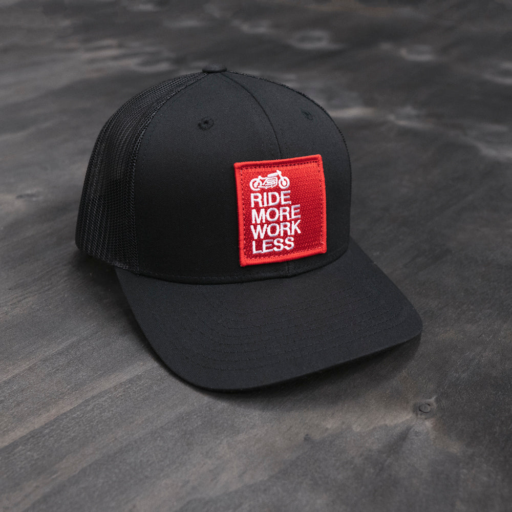 ride more work less motorcycle inspired hat